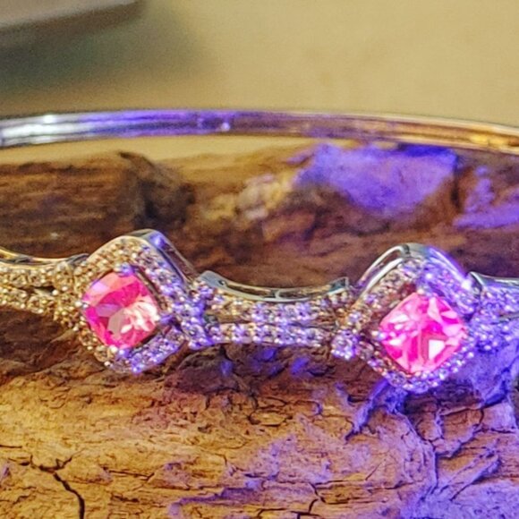 Pink Ruby Gemstone Bracelet Silver Plated Vintage Safety Hinged Prong Rhinestone - Picture 2 of 11